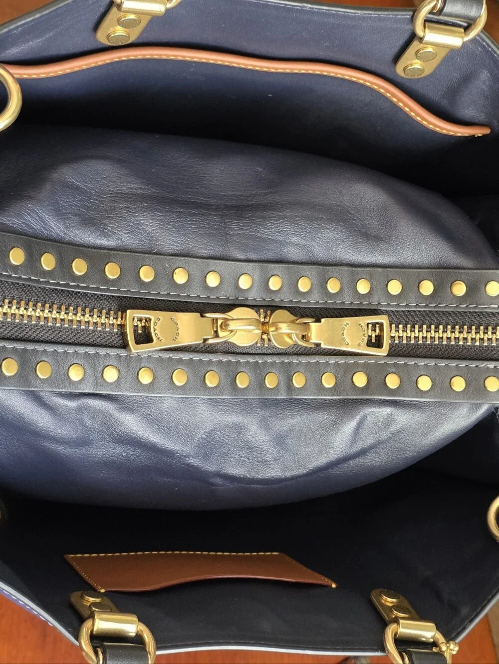 Coach CC381 Rogue 30 True Blue Colorblock Border Rivets Leather Satchel Bag